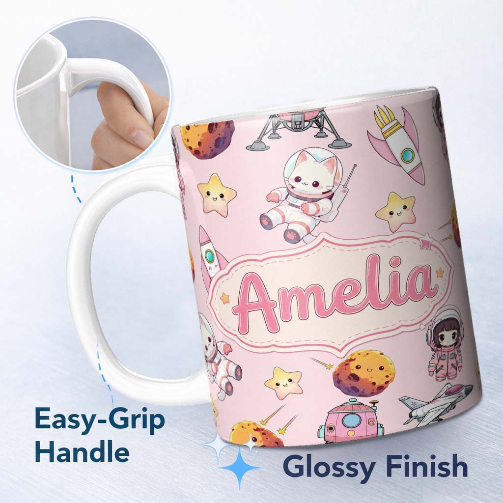 Personalized Custom Name Space Cat Astronaut Girl Rockets Stars Seamless Dusty Pink 11oz Ceramic Coffee Tea Mug White Large Handle