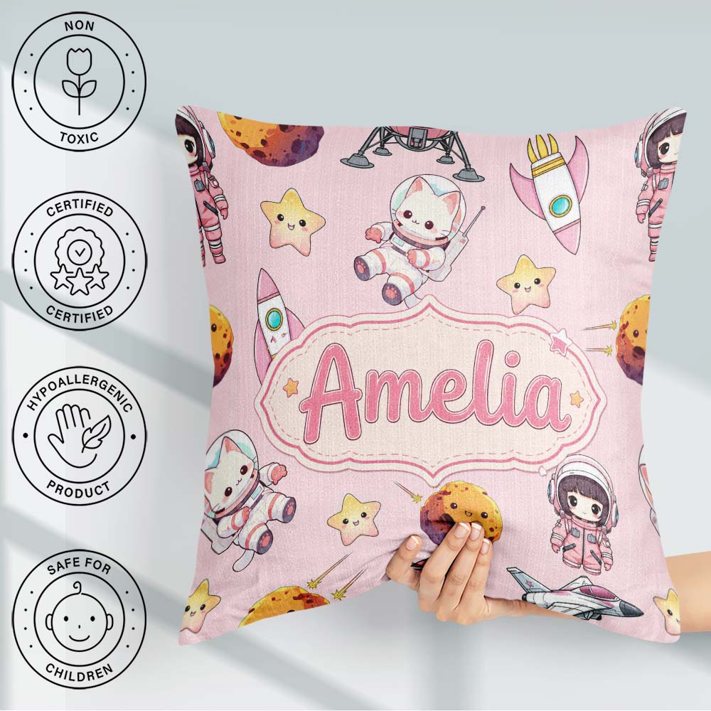 Custom Name Space Cat Astronaut Girl Rockets Stars Seamless Pink Square Filled Cushion Throw Pillow Sofa Bed Home Decor Zip Washable UK Made