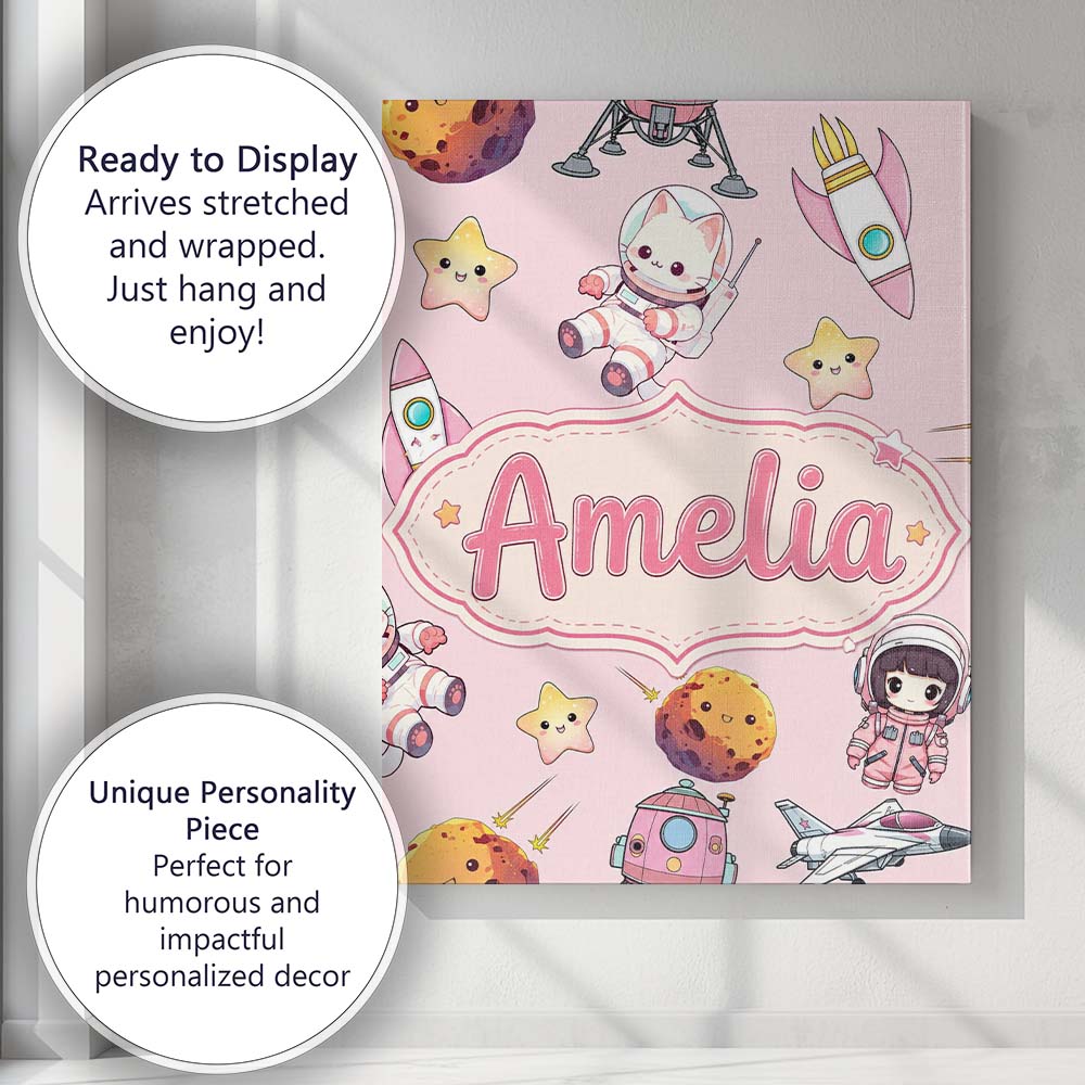 Personalised Name Space Cat Astronaut Girl Custom  Unique Gift Idea Elegant Feature Canvas Wall Art Print Decor Picture Ready to Hang