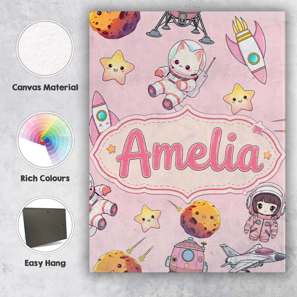 Personalised Name Space Cat Astronaut Girl Custom  Unique Gift Idea Elegant Feature Canvas Wall Art Print Decor Picture Ready to Hang