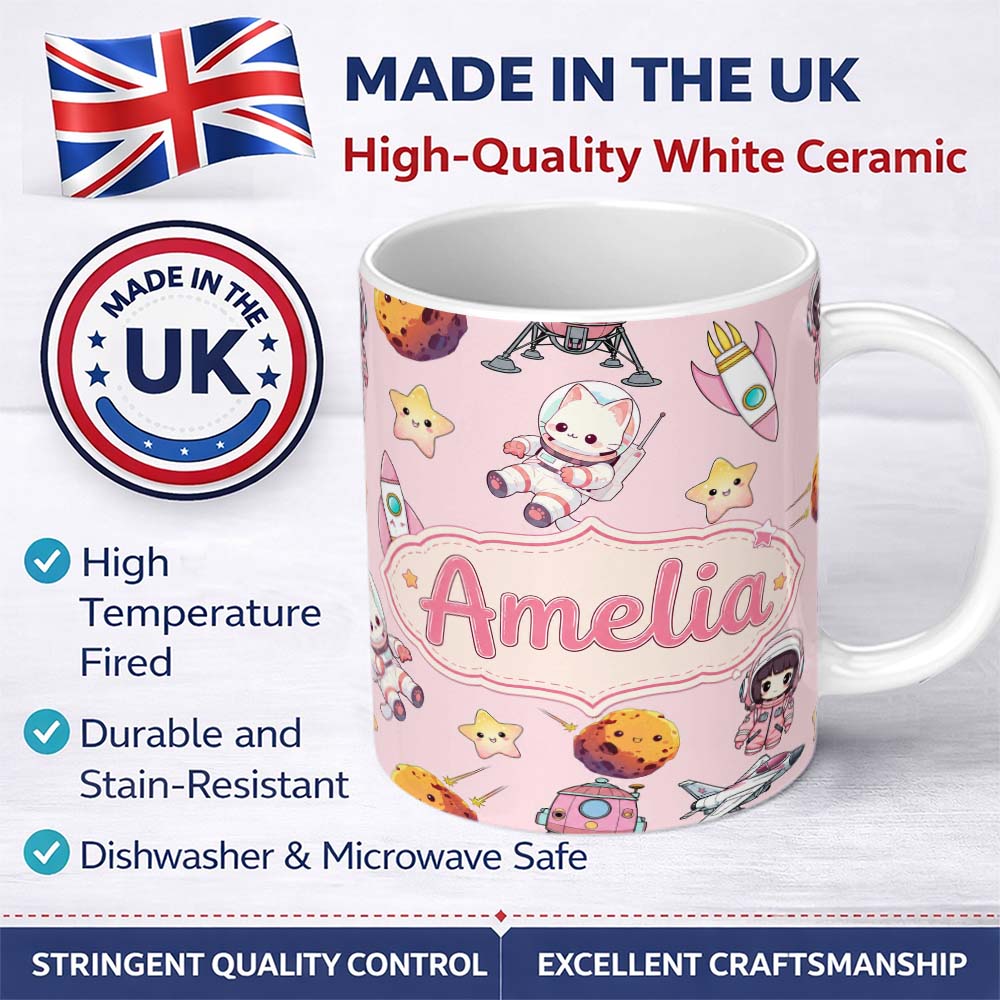 Personalized Custom Name Space Cat Astronaut Girl Rockets Stars Seamless Dusty Pink 11oz Ceramic Coffee Tea Mug White Large Handle