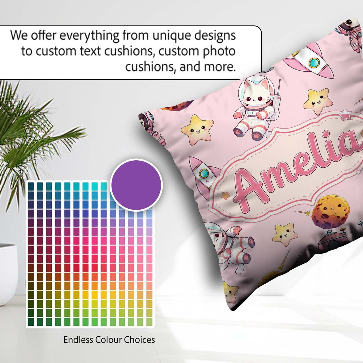 Custom Name Space Cat Astronaut Girl Rockets Stars Seamless Pink Square Filled Cushion Throw Pillow Sofa Bed Home Decor Zip Washable UK Made