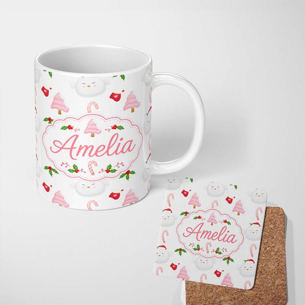 Personalized Custom Name Cute Christmas Dove Holly Candy Cane Seamless Pattern Lovely 11oz Ceramic Coffee Tea Mug White Large Handle