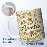 Personalized Custom Name Natural Woodland Vine Leaves Seamless Pattern Charming Kitchen Decor 11oz Ceramic Coffee Tea Mug White Large Handle
