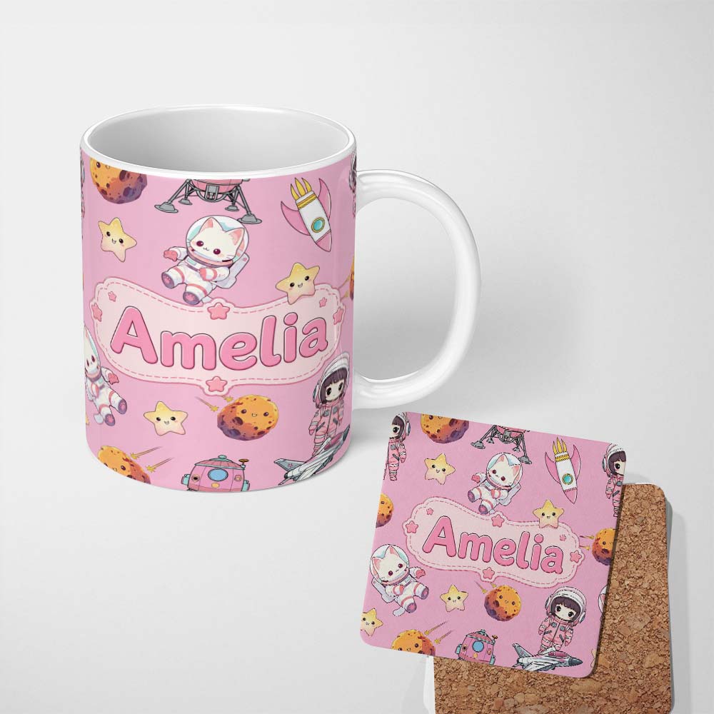 Personalized Custom Name Space Cat Astronaut Girl Rockets Stars Seamless Pink Background 11oz Ceramic Coffee Tea Mug White Large Handle