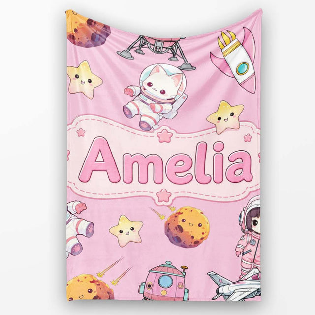 Space Cat Astronaut Girl Rockets Stars Seamless Pink Background  Personalised Custom Name Super Soft Fleece Blanket Bed Sofa Throw