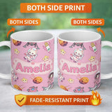Personalized Custom Name Space Cat Astronaut Girl Rockets Stars Seamless Pink Background 11oz Ceramic Coffee Tea Mug White Large Handle