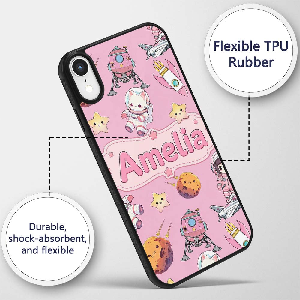 Space Cat Astronaut Girl Rockets Stars Seamless Custom Name Protective Phone Case Mobile Cover Durable Everyday Smartphone Shock Resistant
