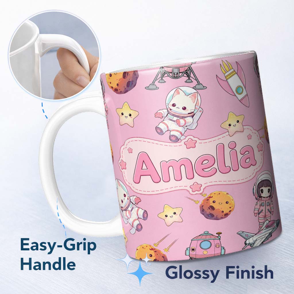 Personalized Custom Name Space Cat Astronaut Girl Rockets Stars Seamless Pink Background 11oz Ceramic Coffee Tea Mug White Large Handle