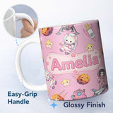 Personalized Custom Name Space Cat Astronaut Girl Rockets Stars Seamless Pink Background 11oz Ceramic Coffee Tea Mug White Large Handle