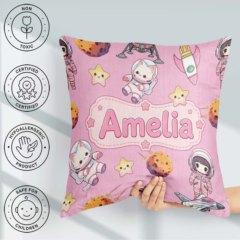 Custom Name Space Cat Astronaut Girl Rockets Stars Seamless Pink Square Filled Cushion Throw Pillow Sofa Bed Home Decor Zip Washable UK Made