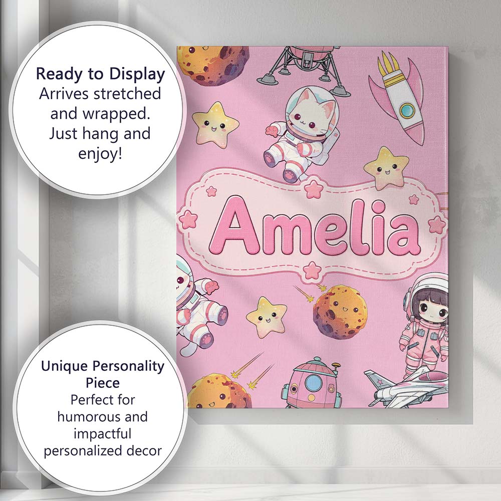 Personalised Name Space Cat Astronaut Girl Custom  Unique Gift Idea Elegant Feature Canvas Wall Art Print Decor Picture Ready to Hang