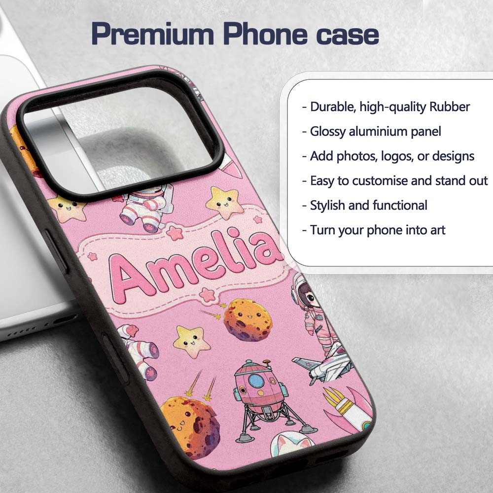 Space Cat Astronaut Girl Rockets Stars Seamless Custom Name Protective Phone Case Mobile Cover Durable Everyday Smartphone Shock Resistant