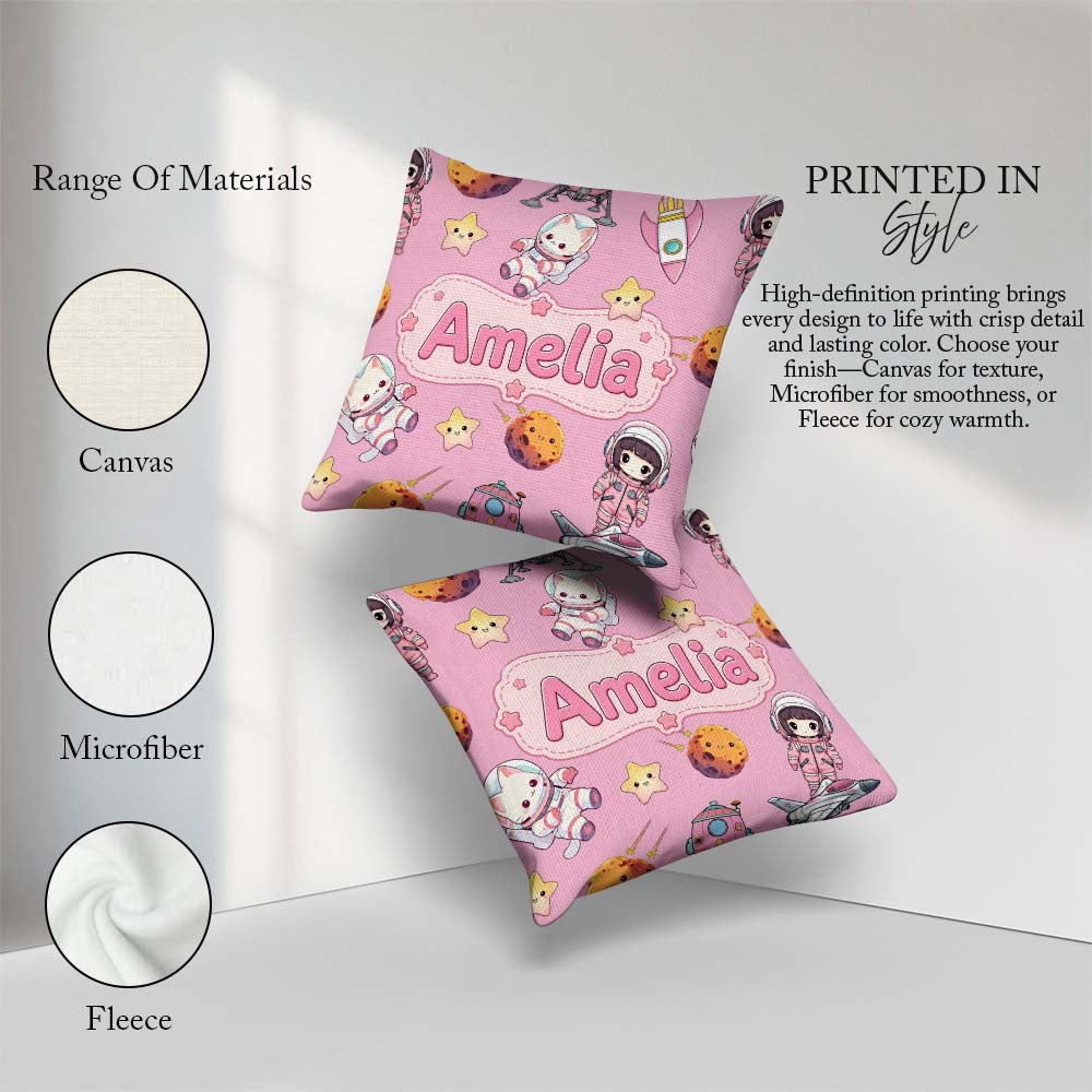Custom Name Space Cat Astronaut Girl Rockets Stars Seamless Pink Square Filled Cushion Throw Pillow Sofa Bed Home Decor Zip Washable UK Made