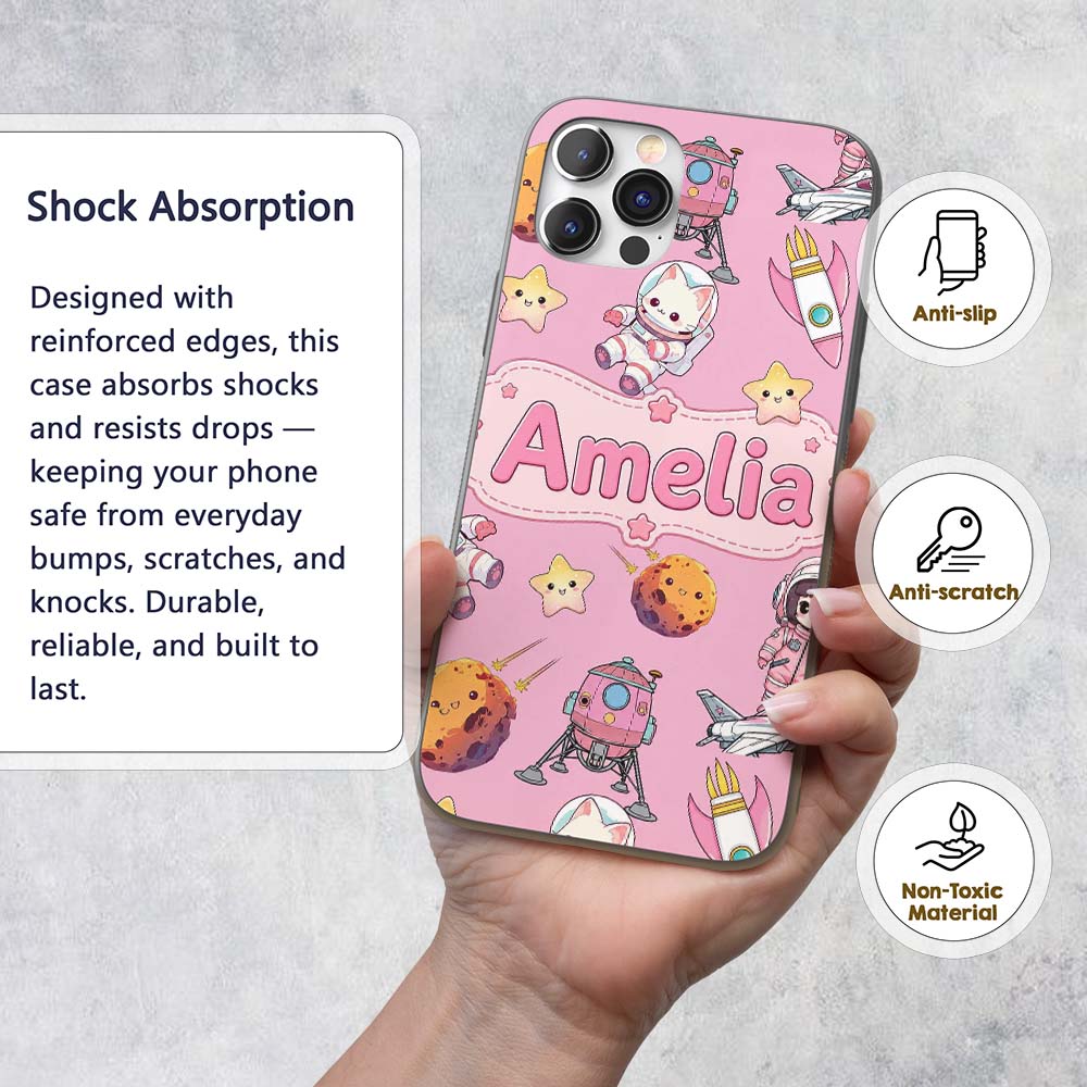 Space Cat Astronaut Girl Rockets Stars Seamless Custom Name Protective Phone Case Mobile Cover Durable Everyday Smartphone Shock Resistant