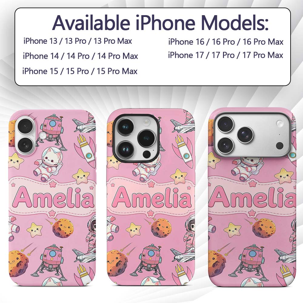 Space Cat Astronaut Girl Rockets Stars Seamless Custom Name Protective Phone Case Mobile Cover Durable Everyday Smartphone Shock Resistant