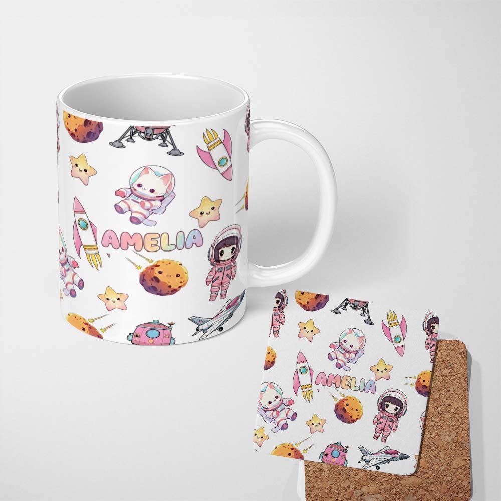 Personalized Custom Name Space Cat Astronaut Girl Rockets Stars Seamless Grey Background 11oz Ceramic Coffee Tea Mug White Large Handle