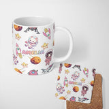 Personalized Custom Name Space Cat Astronaut Girl Rockets Stars Seamless Grey Background 11oz Ceramic Coffee Tea Mug White Large Handle