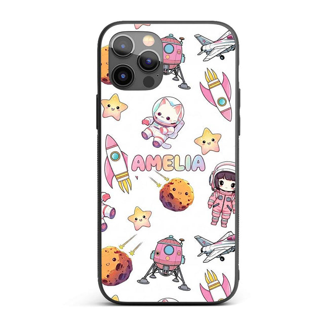 Space Cat Astronaut Girl Rockets Stars Seamless Custom Name Protective Phone Case Mobile Cover Durable Everyday Smartphone Shock Resistant