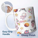 Personalized Custom Name Space Cat Astronaut Girl Rockets Stars Seamless Grey Background 11oz Ceramic Coffee Tea Mug White Large Handle