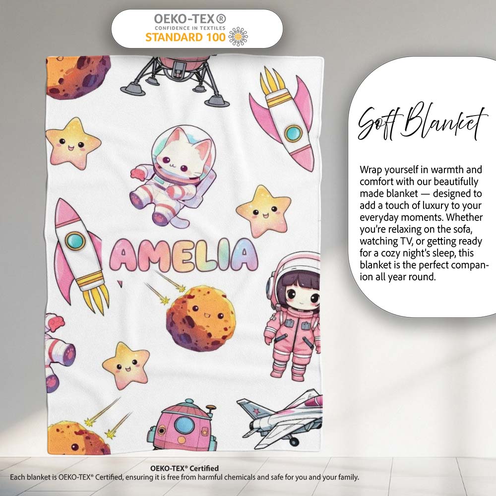 Space Cat Astronaut Girl Rockets Stars Seamless Grey Background  Personalised Custom Name Super Soft Fleece Blanket Bed Sofa Throw