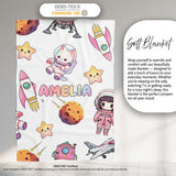 Space Cat Astronaut Girl Rockets Stars Seamless Grey Background  Personalised Custom Name Super Soft Fleece Blanket Bed Sofa Throw