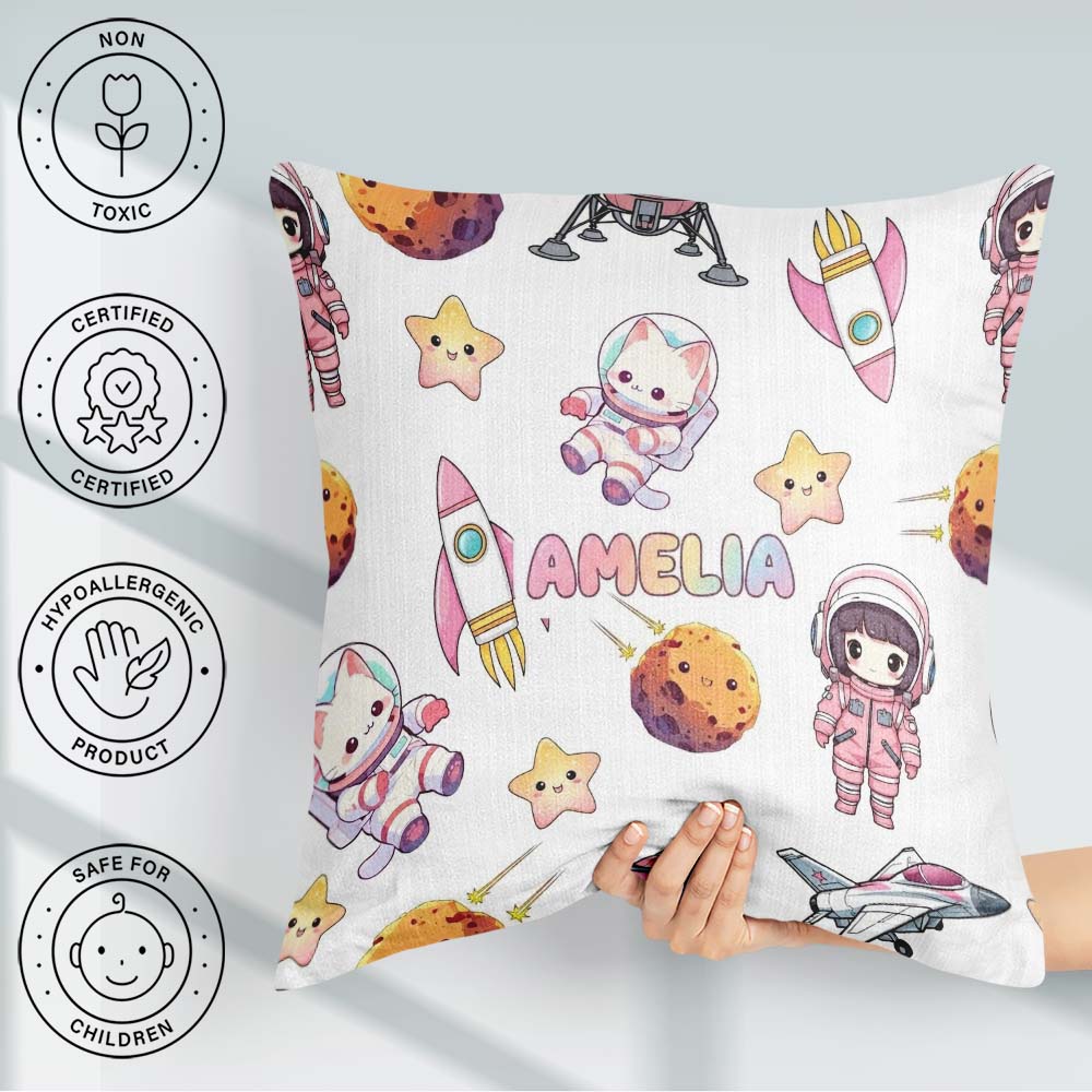 Custom Name Space Cat Astronaut Girl Rockets Stars Seamless Grey Square Filled Cushion Throw Pillow Sofa Bed Home Decor Zip Washable UK Made
