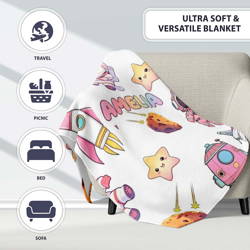 Space Cat Astronaut Girl Rockets Stars Seamless Grey Background  Personalised Custom Name Super Soft Fleece Blanket Bed Sofa Throw