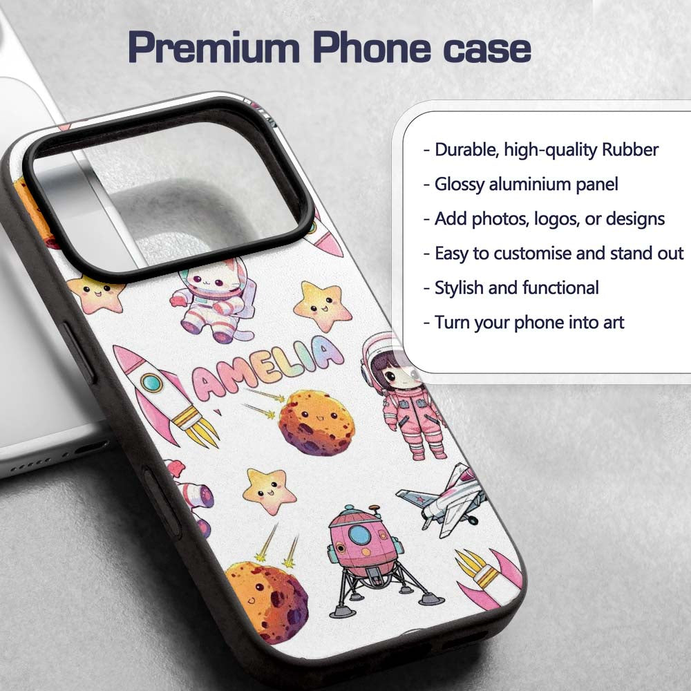Space Cat Astronaut Girl Rockets Stars Seamless Custom Name Protective Phone Case Mobile Cover Durable Everyday Smartphone Shock Resistant