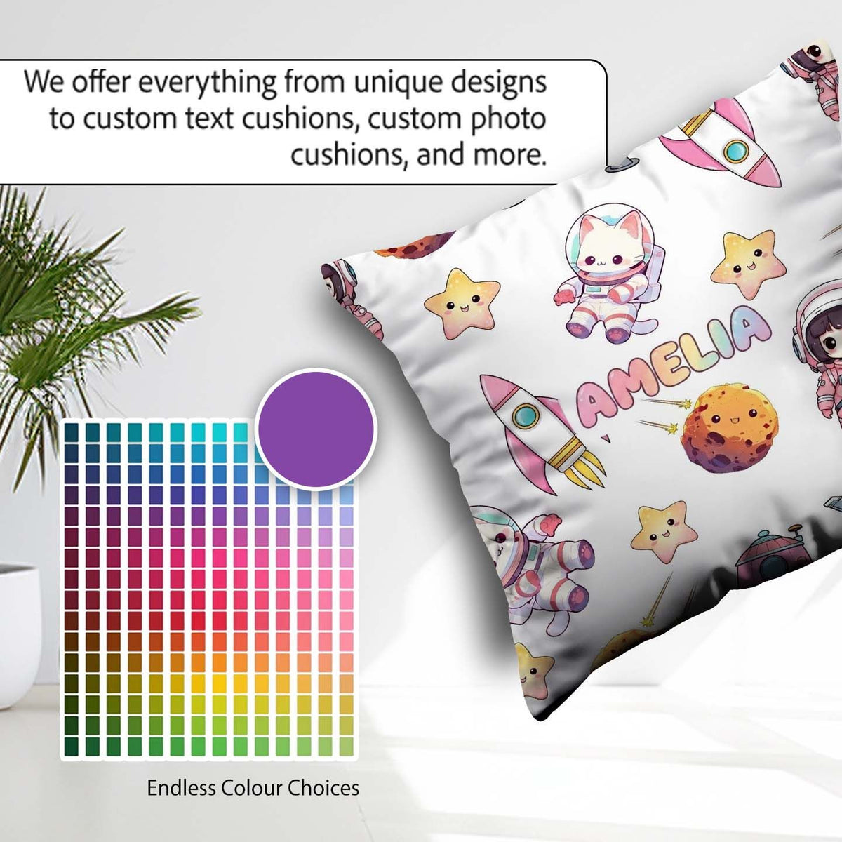 Custom Name Space Cat Astronaut Girl Rockets Stars Seamless Grey Square Filled Cushion Throw Pillow Sofa Bed Home Decor Zip Washable UK Made