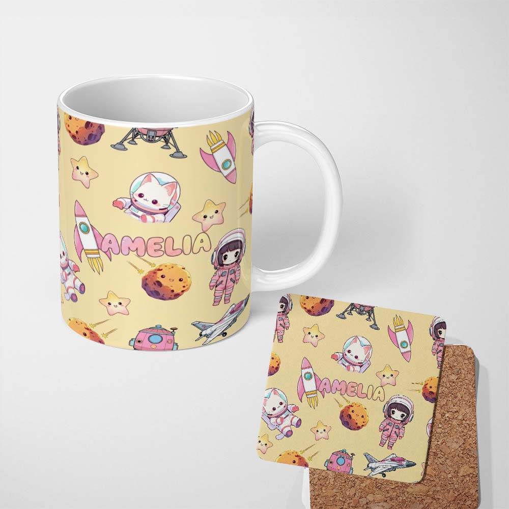 Personalized Custom Name Space Cat Astronaut Girl Rockets Stars Seamless Yellow Background 11oz Ceramic Coffee Tea Mug White Large Handle