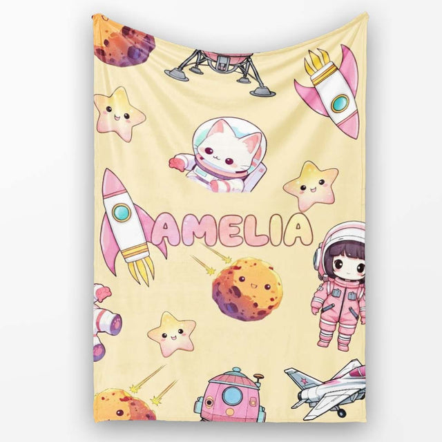 Space Cat Astronaut Girl Rockets Stars Seamless Yellow Background  Personalised Custom Name Super Soft Fleece Blanket Bed Sofa Throw