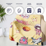 Space Cat Astronaut Girl Rockets Stars Seamless Yellow Background  Personalised Custom Name Super Soft Fleece Blanket Bed Sofa Throw