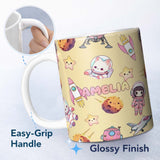 Personalized Custom Name Space Cat Astronaut Girl Rockets Stars Seamless Yellow Background 11oz Ceramic Coffee Tea Mug White Large Handle