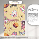 Space Cat Astronaut Girl Rockets Stars Seamless Yellow Background  Personalised Custom Name Super Soft Fleece Blanket Bed Sofa Throw
