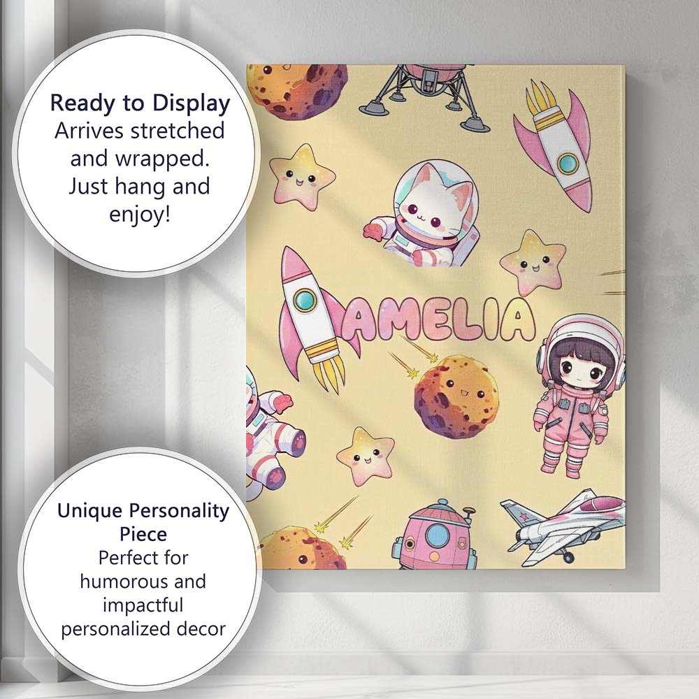 Personalised Name Space Cat Astronaut Girl Custom  Unique Gift Idea Elegant Feature Canvas Wall Art Print Decor Picture Ready to Hang