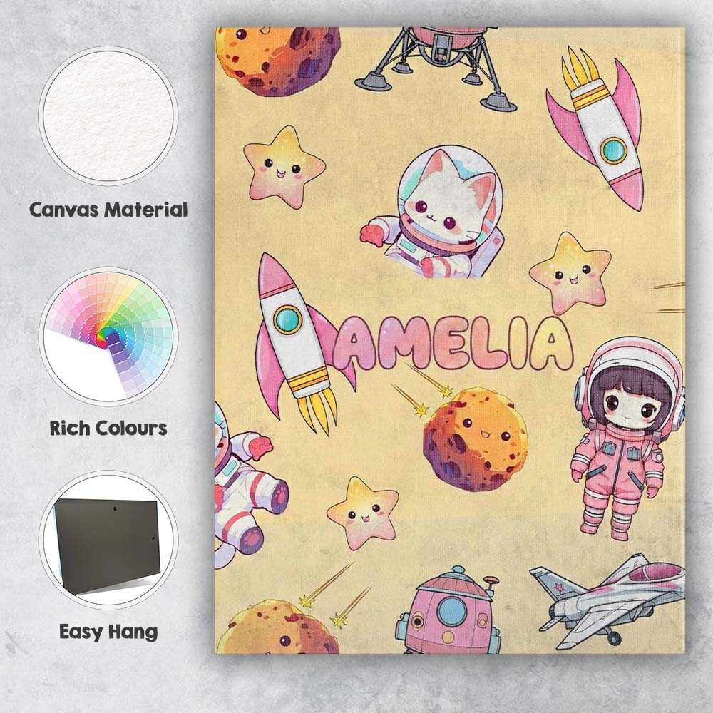 Personalised Name Space Cat Astronaut Girl Custom  Unique Gift Idea Elegant Feature Canvas Wall Art Print Decor Picture Ready to Hang
