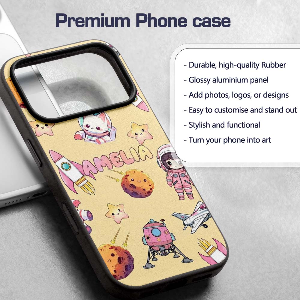 Space Cat Astronaut Girl Rockets Stars Seamless Custom Name Protective Phone Case Mobile Cover Durable Everyday Smartphone Shock Resistant