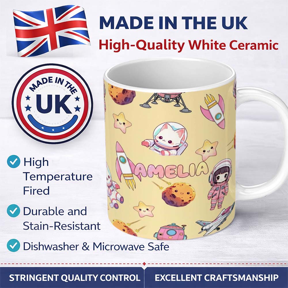 Personalized Custom Name Space Cat Astronaut Girl Rockets Stars Seamless Yellow Background 11oz Ceramic Coffee Tea Mug White Large Handle