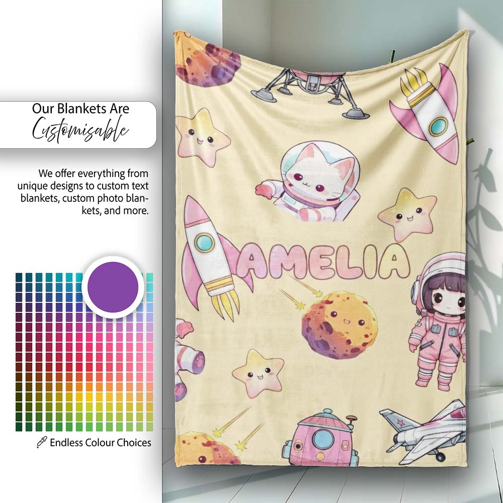 Space Cat Astronaut Girl Rockets Stars Seamless Yellow Background  Personalised Custom Name Super Soft Fleece Blanket Bed Sofa Throw