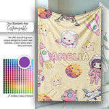 Space Cat Astronaut Girl Rockets Stars Seamless Yellow Background  Personalised Custom Name Super Soft Fleece Blanket Bed Sofa Throw