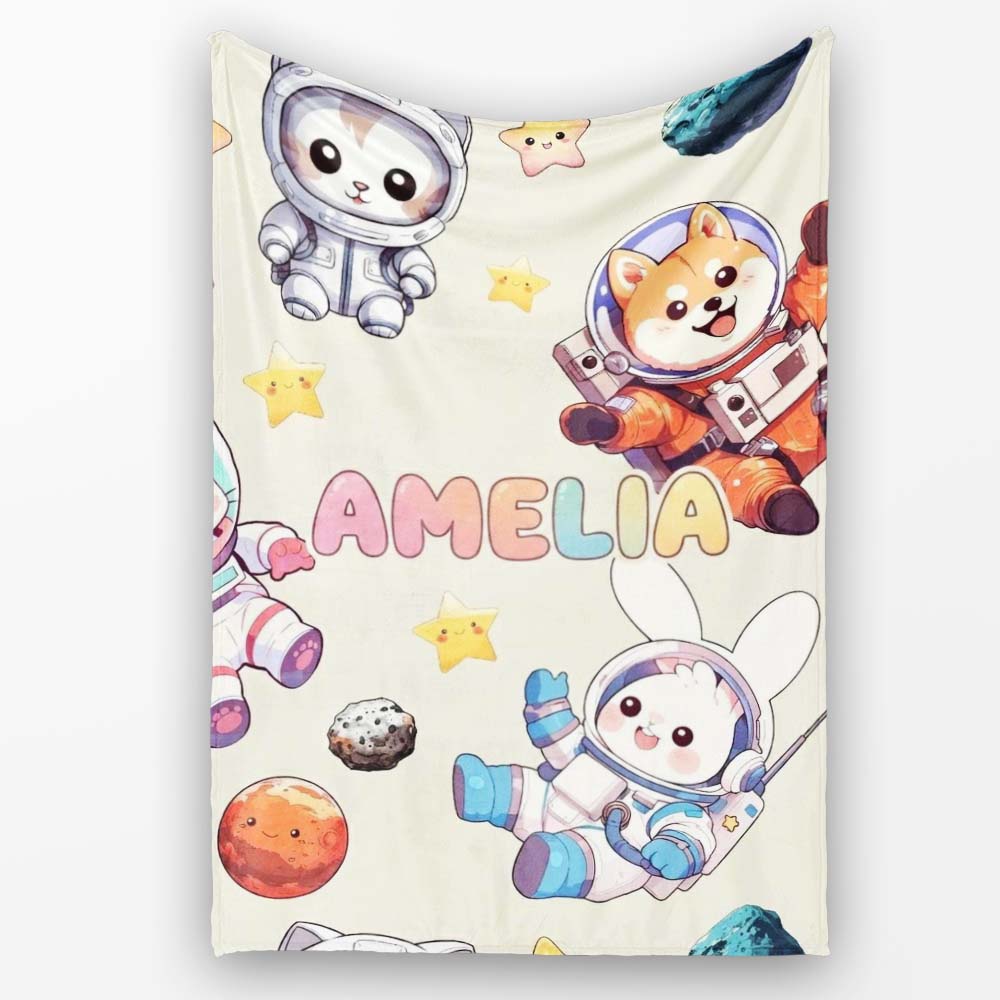 Space Animals Astronaut Dog Bunny UFO Stars Seamless Cream  Personalised Custom Name Super Soft Fleece Blanket Bed Sofa Throw