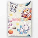 Space Animals Astronaut Dog Bunny UFO Stars Seamless Cream  Personalised Custom Name Super Soft Fleece Blanket Bed Sofa Throw