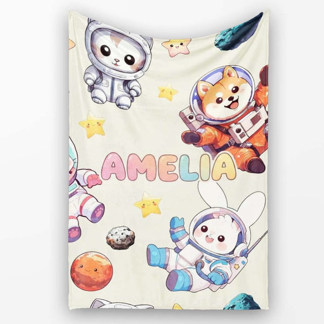 Space Animals Astronaut Dog Bunny UFO Stars Seamless Cream  Personalised Custom Name Super Soft Fleece Blanket Bed Sofa Throw