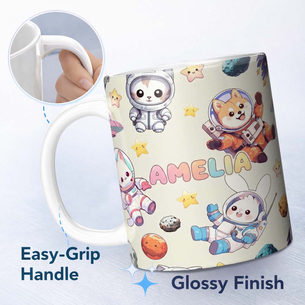 Personalized Custom Name Space Animals Astronaut Dog Bunny UFO Stars Seamless Cream 11oz Ceramic Coffee Tea Mug White Large Handle