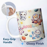 Personalized Custom Name Space Animals Astronaut Dog Bunny UFO Stars Seamless Cream 11oz Ceramic Coffee Tea Mug White Large Handle