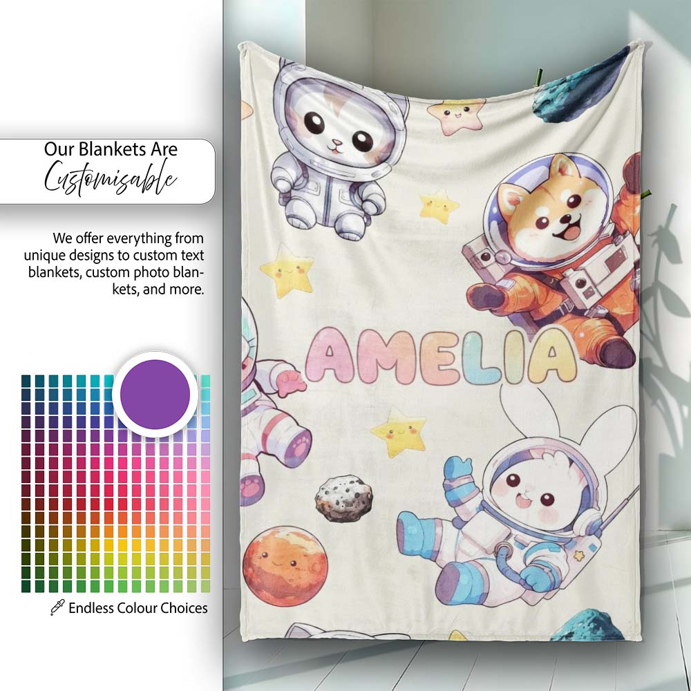 Space Animals Astronaut Dog Bunny UFO Stars Seamless Cream  Personalised Custom Name Super Soft Fleece Blanket Bed Sofa Throw