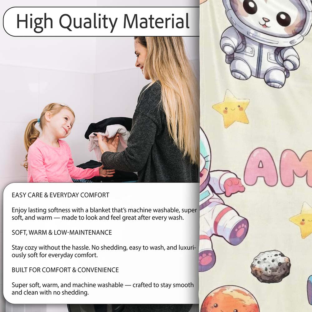 Space Animals Astronaut Dog Bunny UFO Stars Seamless Cream  Personalised Custom Name Super Soft Fleece Blanket Bed Sofa Throw