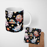 Personalized Custom Name Space Animals Astronaut Dog Bunny UFO Stars Seamless Black 11oz Ceramic Coffee Tea Mug White Large Handle