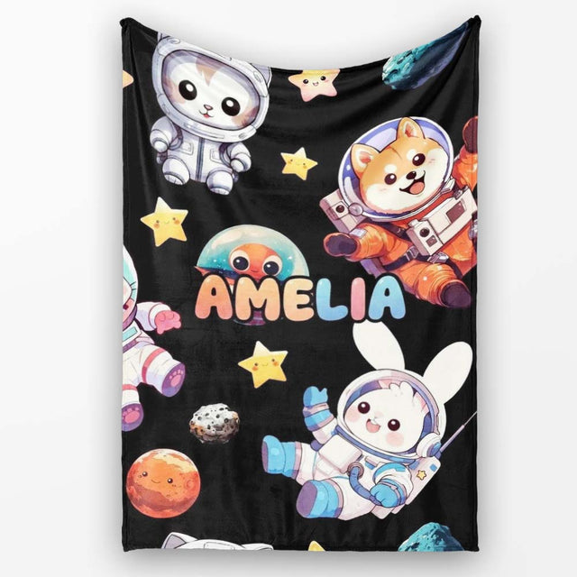 Space Animals Astronaut Dog Bunny UFO Stars Seamless Black  Personalised Custom Name Super Soft Fleece Blanket Bed Sofa Throw